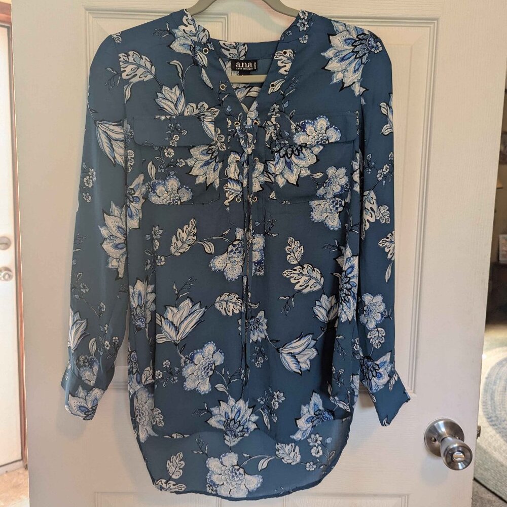 Ana Size Petite Medium Blue Long Sleeved Rollable Cuffs w/ White Floral Patterns